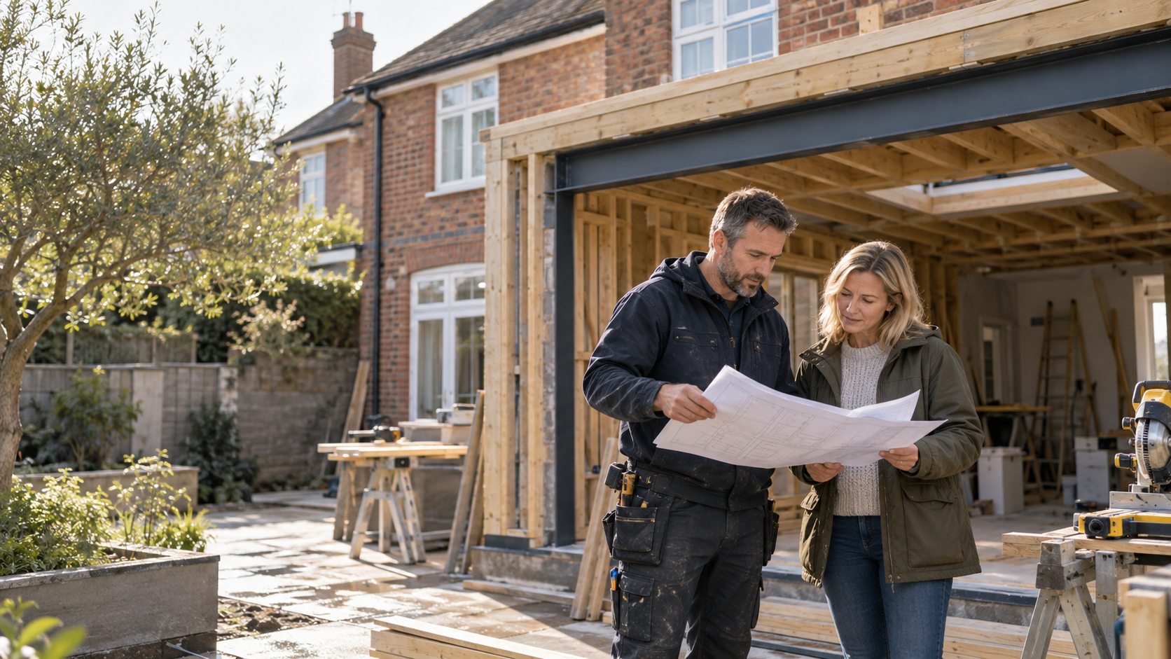 A builder and homeowner reviewing plans at a home extension site